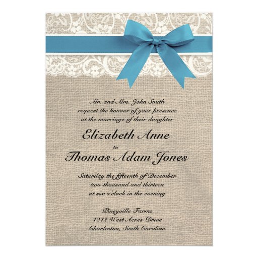 White Lace & Blue Ribbon Burlap Wedding Invitation