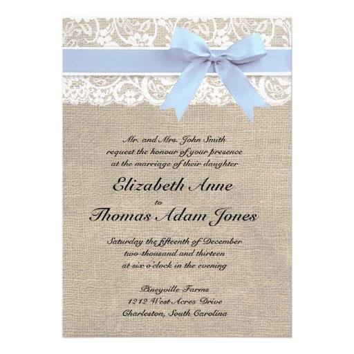 White Lace Burlap Wedding Invitation- Baby Blue