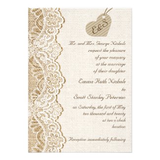 White lace & cardboard heart on burlap wedding