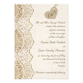 White lace & cardboard heart on burlap wedding card