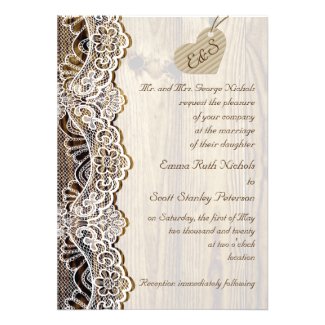 White lace & cardboard heart on wood wedding