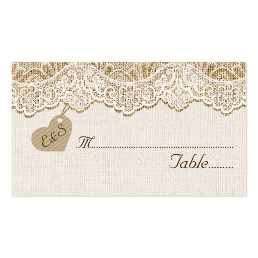 White lace & heart on burlap wedding place card business card template (back side)