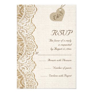 White lace & heart on burlap wedding RSVP Custom Invites