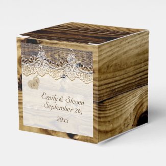 White lace & heart on old wood rustic wedding party favor box