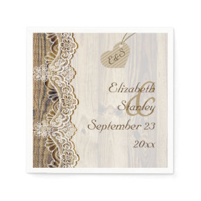 White lace & heart on wood rustic wedding standard cocktail napkin