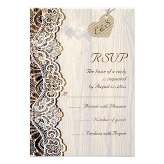 White lace & heart on wood wedding RSVP Invite