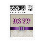 White Lace Linen Vintage Wedding RSVP | Purple stamps
