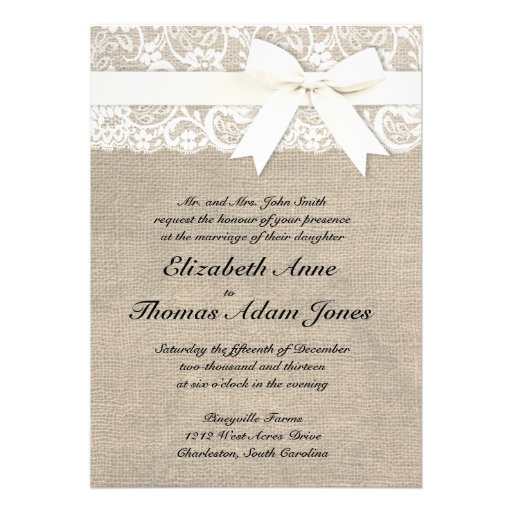 White Lace Look Rustic Burlap Wedding Invitation