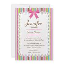 White Lace Pink Bow Candy Stripes Sweet 16 5x7 Invite