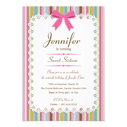 White Lace Pink Bow Candy Stripes Sweet 16 5x7 Invite