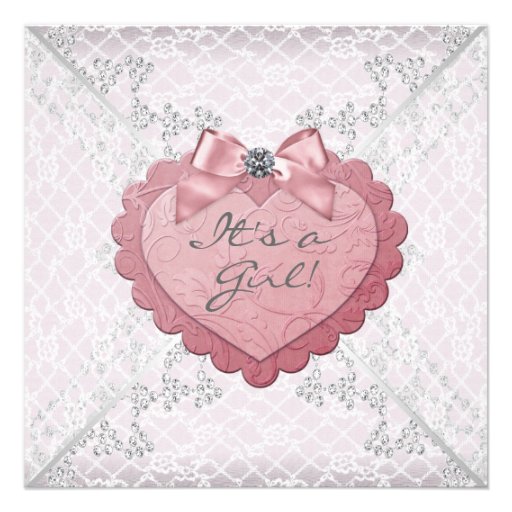 White Lace Pink Heart Pink White Baby Girl Shower Custom Invites