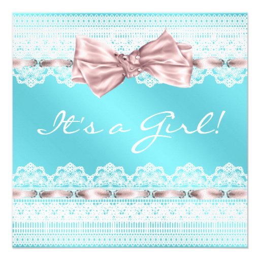 White Lace Pink Ribbon Teal Blue Girl Baby Shower Personalized Announcement