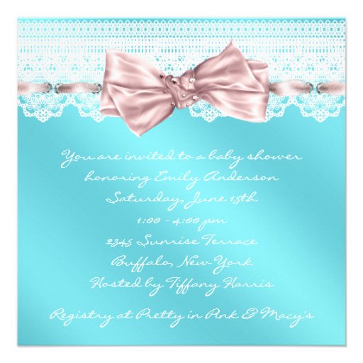White Lace Pink Ribbon Teal Blue Girl Baby Shower Personalized Announcement