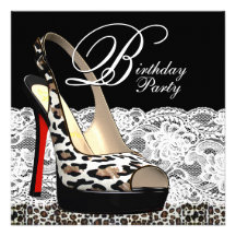 White Lace Red Leopard Birthday Party Invitations