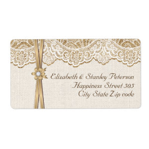 White lace, ribbon and flower on burlap wedding shipping label