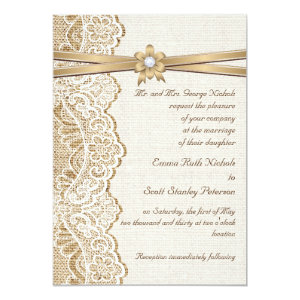 White lace, ribbon, flower & burlap wedding 5x7 paper invitation card