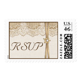 White lace, ribbon & flower on burlap wedding RSVP Stamps