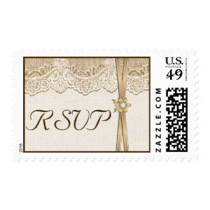 White lace, ribbon & flower on burlap wedding RSVP Stamps