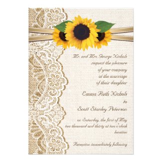 White lace, ribbon & sunflowers on burlap wedding personalized invite