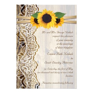 White lace, ribbon & sunflowers on wood wedding personalized invites