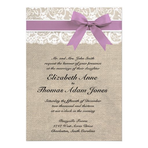 White Lace Rustic Burlap Wedding Invitation Purple