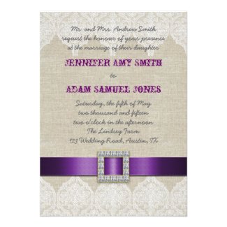 White Lace Vintage Wedding | Purple Ribbon Linen Invites