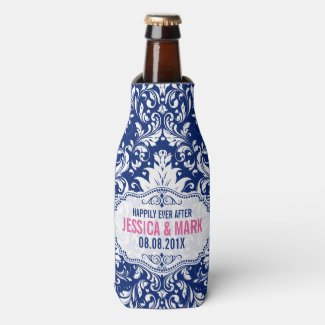 White Lace With Blue Background Pink Accent 3b Bottle Cooler