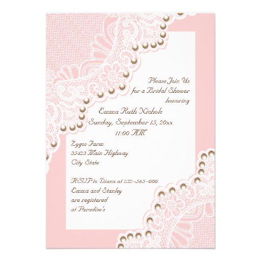 White lace with pearls pink wedding bridal shower cards
