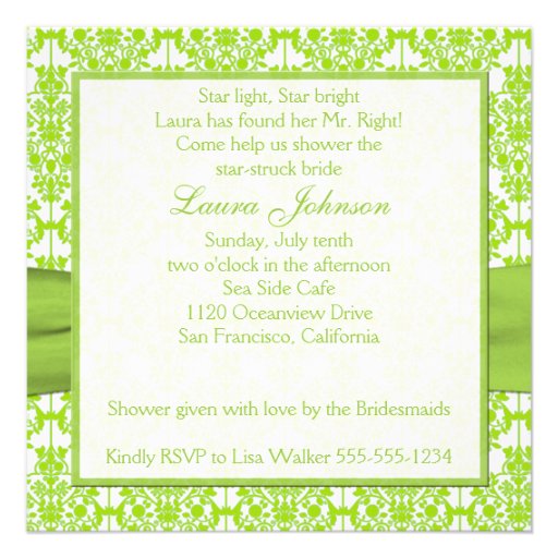 White, Lime Damask Bridal Shower Invitation