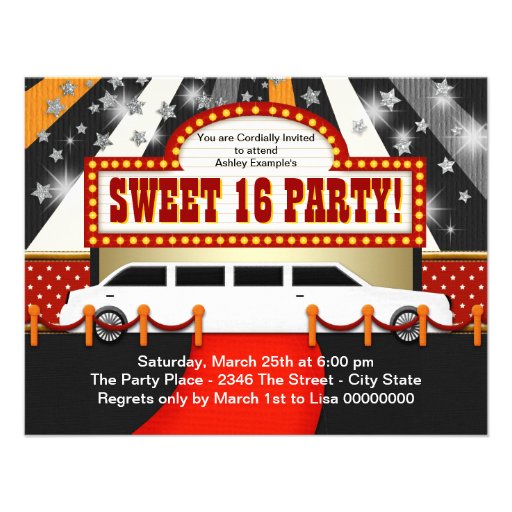 White Limo Movie Star Sweet 16 Party Invite