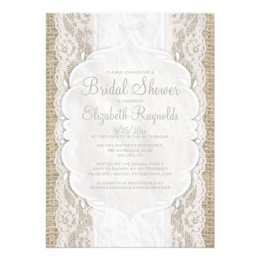 White Linen Burlap Lace Bridal Shower Invitations