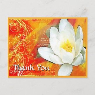 white lotus flower and swirls thank you postcard
