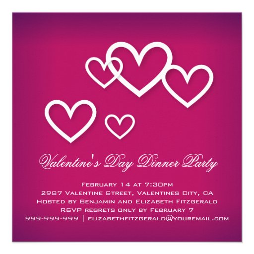 White Love Hearts on Dark Pink Valentines Party Invites