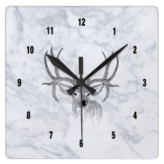 White Marble Texture & Black Deer Illustration Square Wall Clock