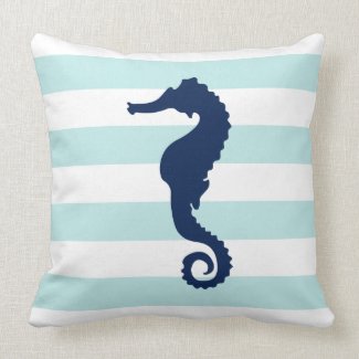 White Mint & Blue Wide Stripes Pattern Seahorse Throw Pillows