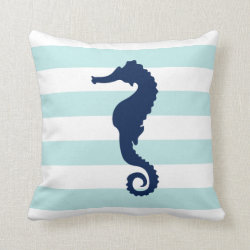 White Mint & Blue Wide Stripes Pattern Seahorse Pillow