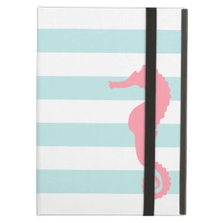 White Mint & Pink Wide Stripes Pattern Seahorse iPad Cover