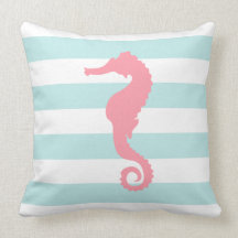 White Mint & Pink Wide Stripes Pattern Seahorse Pillow