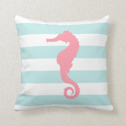 White Mint & Pink Wide Stripes Pattern Seahorse Pillow