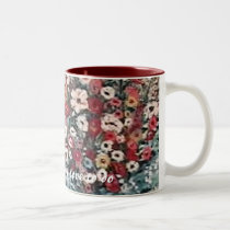 White mug with red has floral painting in blue red by sandymonica White mug with red has floral painting in blue red