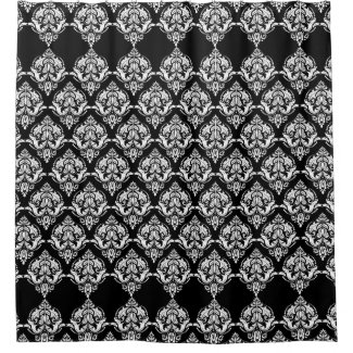White On Black Floral Damasks Geometric Pattern Shower Curtain