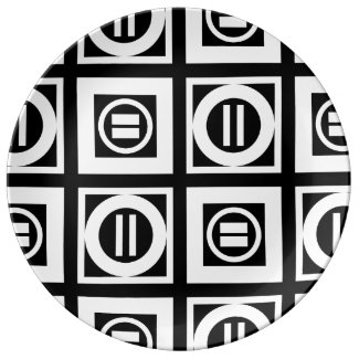 White on Black Geometric Equal Sign Pattern Porcelain Plate