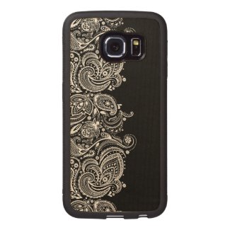 White On Black Vintage Paisley Floral Lace Wood Phone Case