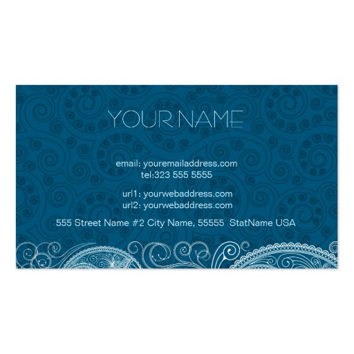 White On Blue Retro Paisley Pattern Design Business Card Templates (back side)