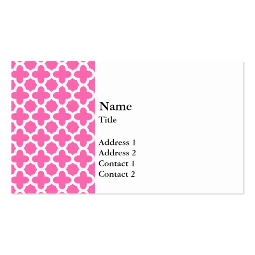 White on Hot Pink Quatrefoil Pattern Business Card Template (front side)