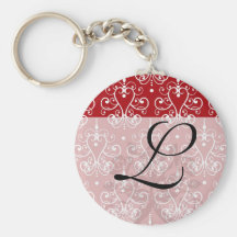white on red swirl chandelier heart damask key chains