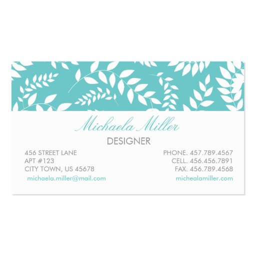 White on Teal Foliage Ferns Pattern Business Cards (front side)