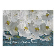 White Orchids Blue Wood Damask Wedding Invitation