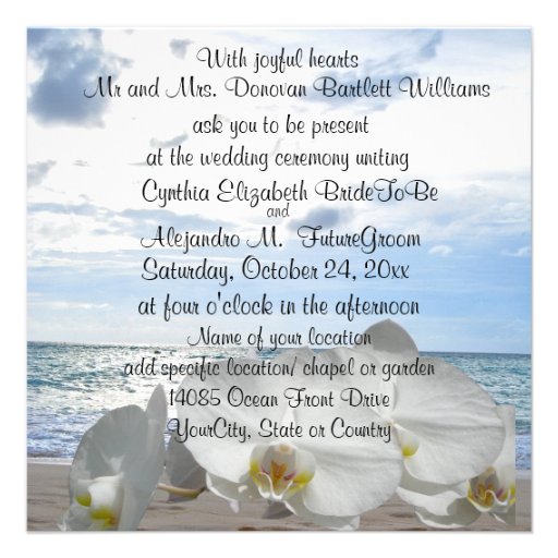 White Orchids Ocean Waves Wedding Announcement