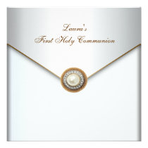 White Pearl Gold Girls First Holy Communion invitations